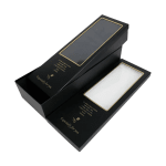 Two black rectangular flower boxes with gold trim and clear windows