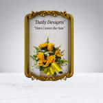 Yellow roses and daisies arranged in a decorative frame.