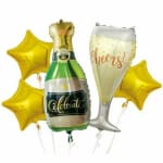 Champagne bottle and flute-shaped balloons with gold star balloons