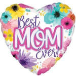 Heart-shaped balloon reading "Best Mom Ever!" with colorful flowers