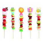Five colorful candy skewers topped with cartoon animal and flower shapes