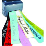 Ribbon printer printing colorful satin ribbons with text