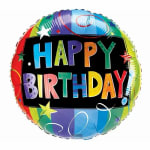 Round birthday balloon with colorful "Happy Birthday" text