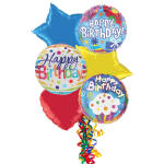 Cluster of birthday balloons with star, heart, and round shapes