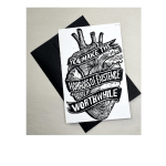 Black-and-white greeting card with an anatomical heart illustration and text