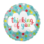 Round balloon with "thinking of you" text and colorful polka dots