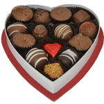 Heart-shaped box of assorted chocolates with a red foil heart candy
