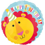 Round birthday balloon with a lion face and colorful "Happy 1st Birthday" text