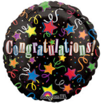 Round black congratulations balloon with colorful stars and streamers