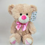 Plush teddy bear with a pink ribbon and heart-pattern tag