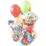 Cluster of colorful birthday balloons with "Happy Birthday" text