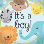 Animal-themed baby shower card with the words "it's a boy!"