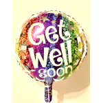 Rainbow foil balloon reading "Get Well Soon"