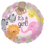 Round pink balloon with cartoon animals and "It's a girl!" text