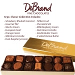 Gold rectangular box of assorted gourmet chocolates with flavor list and DeBrand logo