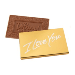Two chocolate bars in yellow and brown wrappers with love messages