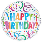 Round birthday balloon with colorful "HAPPY BIRTHDAY" text