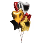 Cluster of heart and star-shaped metallic balloons in red, gold, black, and silver