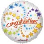 Round balloon with colorful star confetti and "Congratulations" text