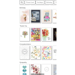 A screen showing greeting card thumbnails for birthdays, thanks, congratulations, and sympathy.