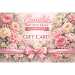 Pink floral gift card with a satin bow and "Camile's Flower Shop" text