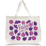 Canvas tote bag with purple and pink fig illustrations and the phrase get figgy with it.