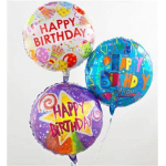 Three colorful birthday balloons with printed messages