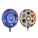 Two patterned foil balloons, one blue and one white, on a white background.