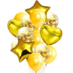Cluster of gold balloons with star and heart shapes