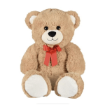Plush teddy bear with a red ribbon bow