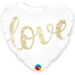 White heart-shaped balloon with gold glitter text