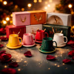 Colorful mugs with spoons arranged in front of gift boxes