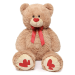 Large plush teddy bear with a red ribbon and heart details
