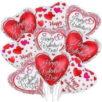Cluster of heart-shaped Valentine's Day balloons in red, pink, and white