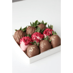 Box of chocolate-covered strawberries with pink and brown coatings