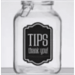 Clear glass jar with a black label reading "TIPS thank you!" on a plain background