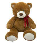 Brown teddy bear with a red ribbon bow