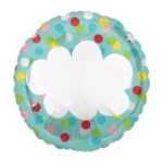 Round teal balloon with multicolored polka dots and a white cloud shape