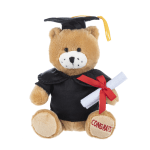 Plush teddy bear in a graduation cap holding a diploma