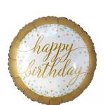 Round gold birthday balloon with "happy birthday" text