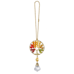 Gold beaded necklace with a circular tree pendant and faceted crystal drop