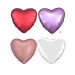 Set of four heart-shaped foil balloons in red, lavender, rose gold, and silver on a white background