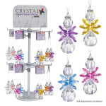 Crystal angel ornaments with colorful wings on a display rack