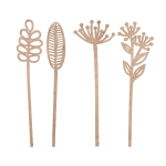 Four wooden floral picks with cutout leaf and flower shapes
