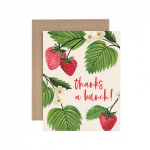 Greeting card with strawberries and the words "thanks a bunch!"