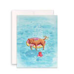 Greeting card with a dog on a donut float and a drink