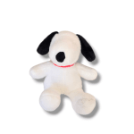 White plush dog toy with black ears and a red collar