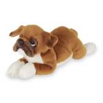 Plush brown-and-white bulldog toy lying down