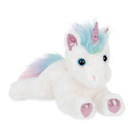 White plush unicorn with pastel mane and pink hooves