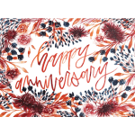 Happy anniversary card with red script and watercolor flowers framing the edges